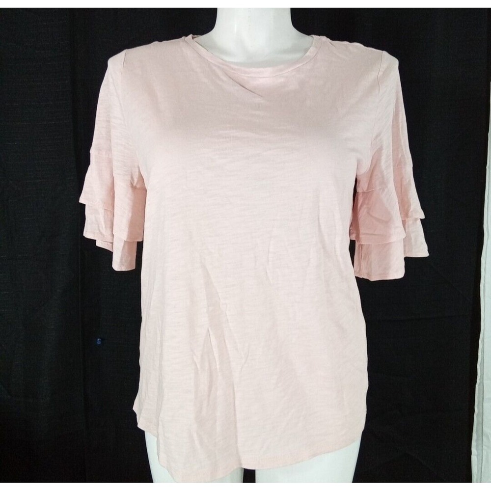 LOFT Vintage Soft Tee Shirt LARGE Pink Ruffle Sleeve Scoop Neck Top